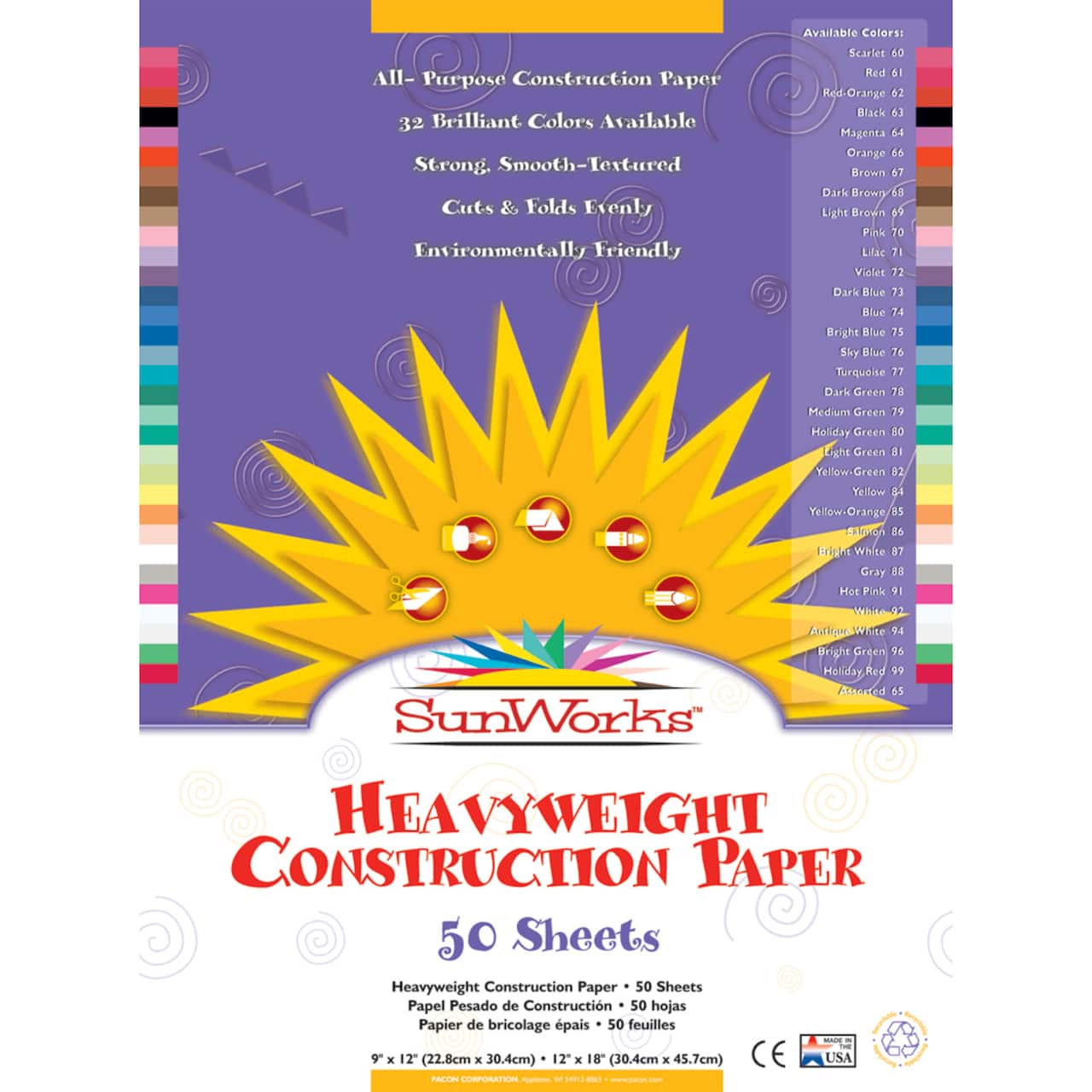 Pacon® SunWorks® 12 x 18 Assorted Color Construction Paper, 50ct
